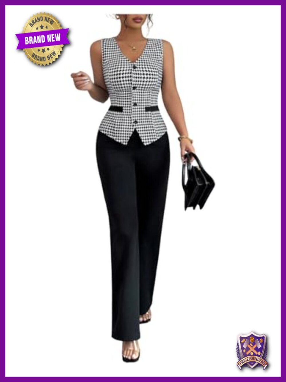 Women's 2 Piece Sleeveless Vest Pants Set Plaid Houndstooth Casual Office